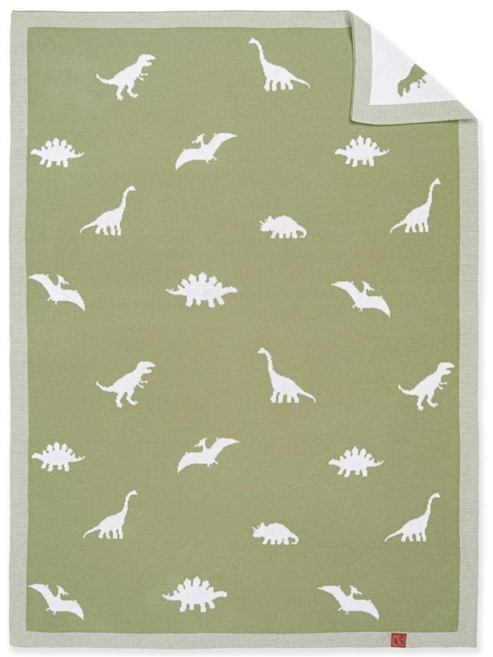 Baby Kids Dinosaur Knit Blanket Olive Green White reversible new super soft